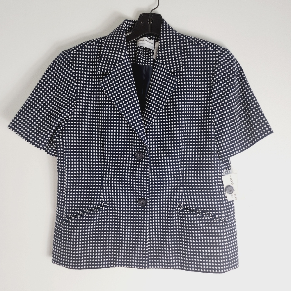 Nwt Alfred Dunner Petite 2 Buttons Short Sleeves Polkadot Blazer Navy White